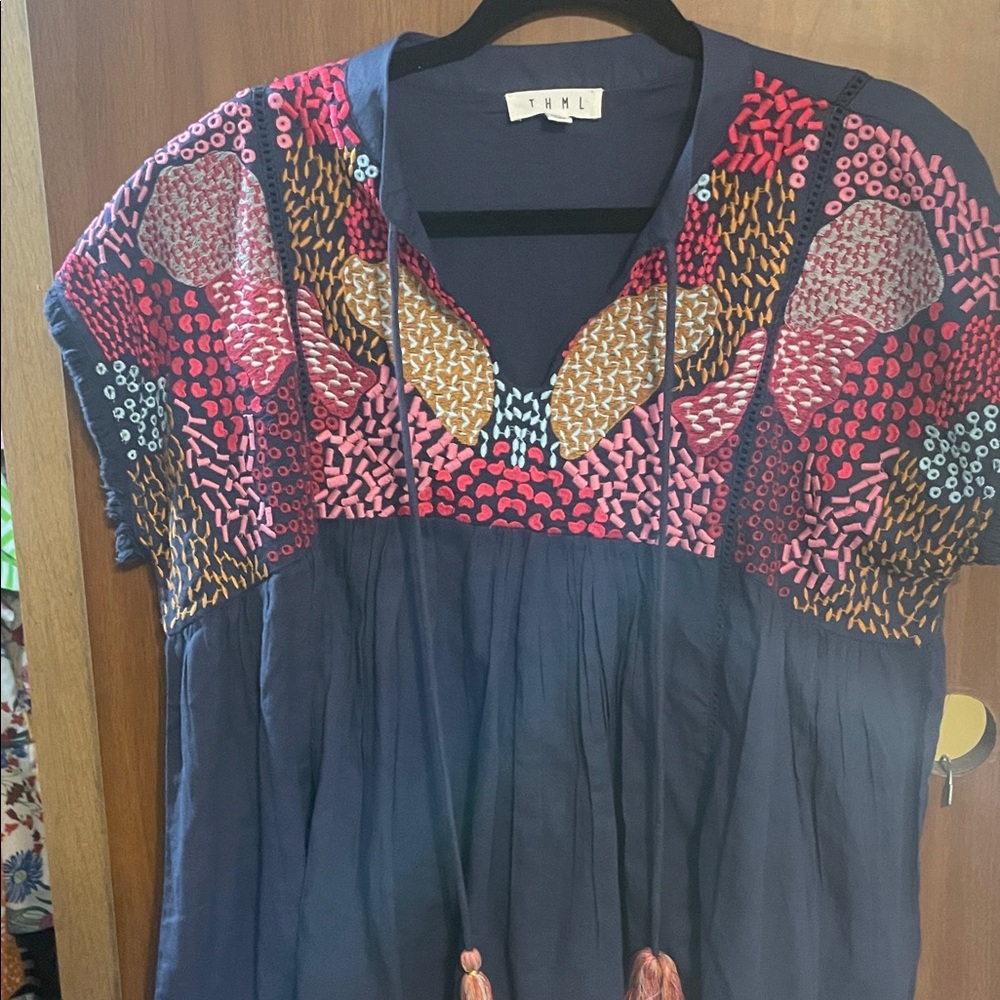 THML Navy Blouse with Colorful Embroidery Size Medium